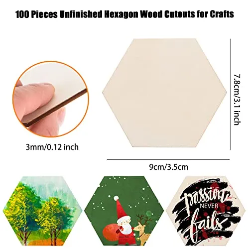 100 Pcs Unfinished Hexagon Wood Pieces Blank Wooden Hexagon Shape Cutouts Natural Wooden Tile Slabs Cutouts Slices for DIY Crafts Coaster Holiday